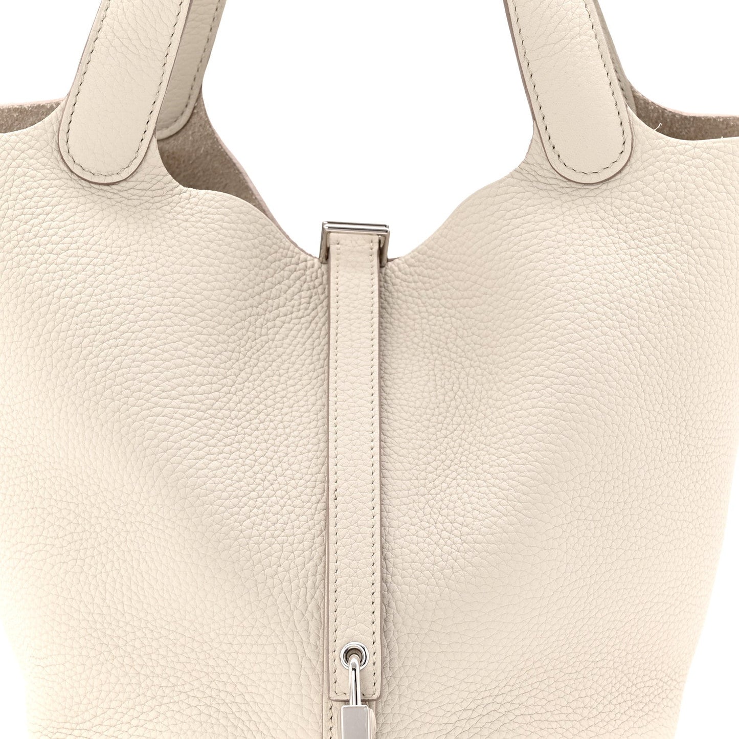 Off-white leather bucket bag top with two handles and central zipper pull
