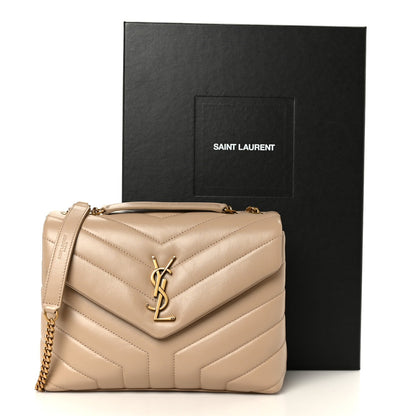 Quilted calfskin small chain satchel with Saint Laurent YSL monogram, beige flap front