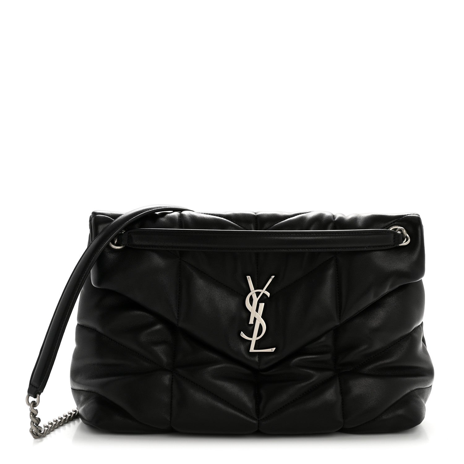 Black lambskin quilted puffer medium satchel with YSL monogram on front and chain strap