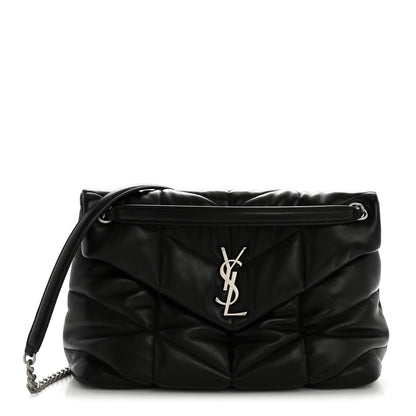 Black lambskin quilted puffer medium satchel with YSL monogram on front and chain strap