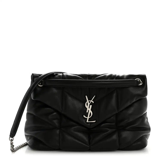 Black lambskin quilted puffer medium satchel with YSL monogram on front and chain strap