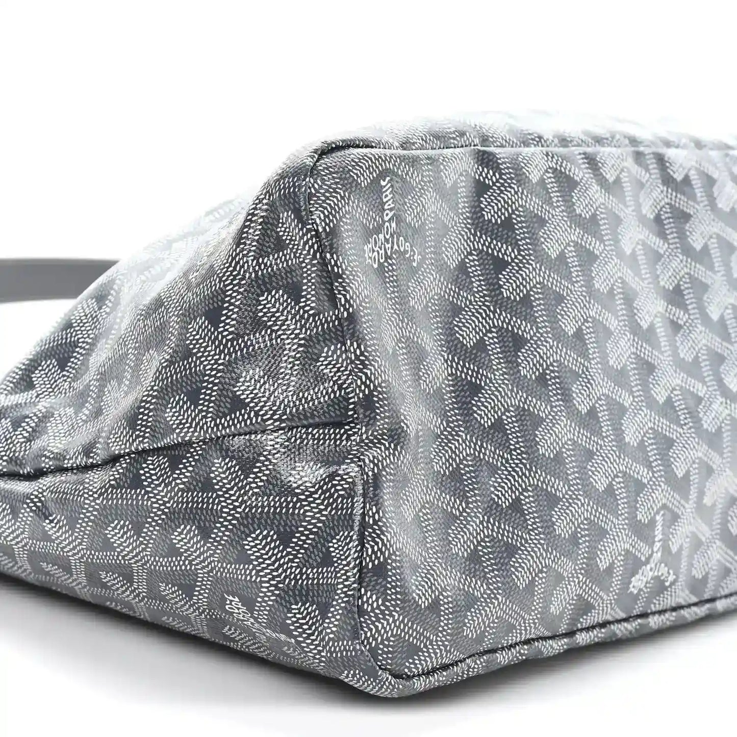 Grey hobo bag base with corner seams and repeating Goyard logo coated canvas