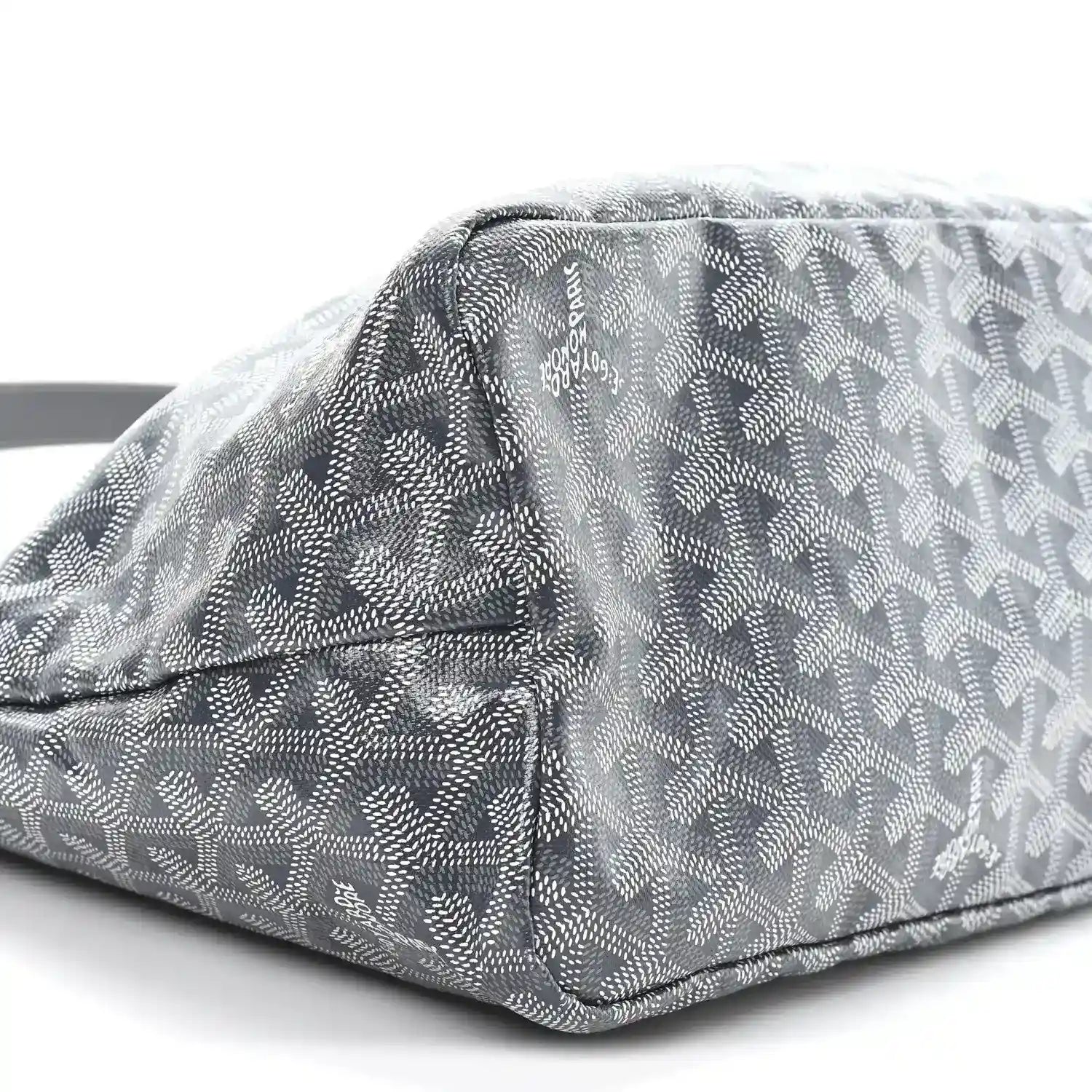 Grey hobo bag base with corner seams and repeating Goyard logo coated canvas