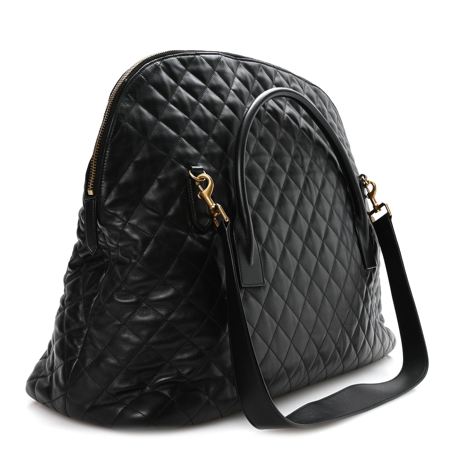 Black quilted leather travel bag with front zip pocket and adjustable shoulder strap