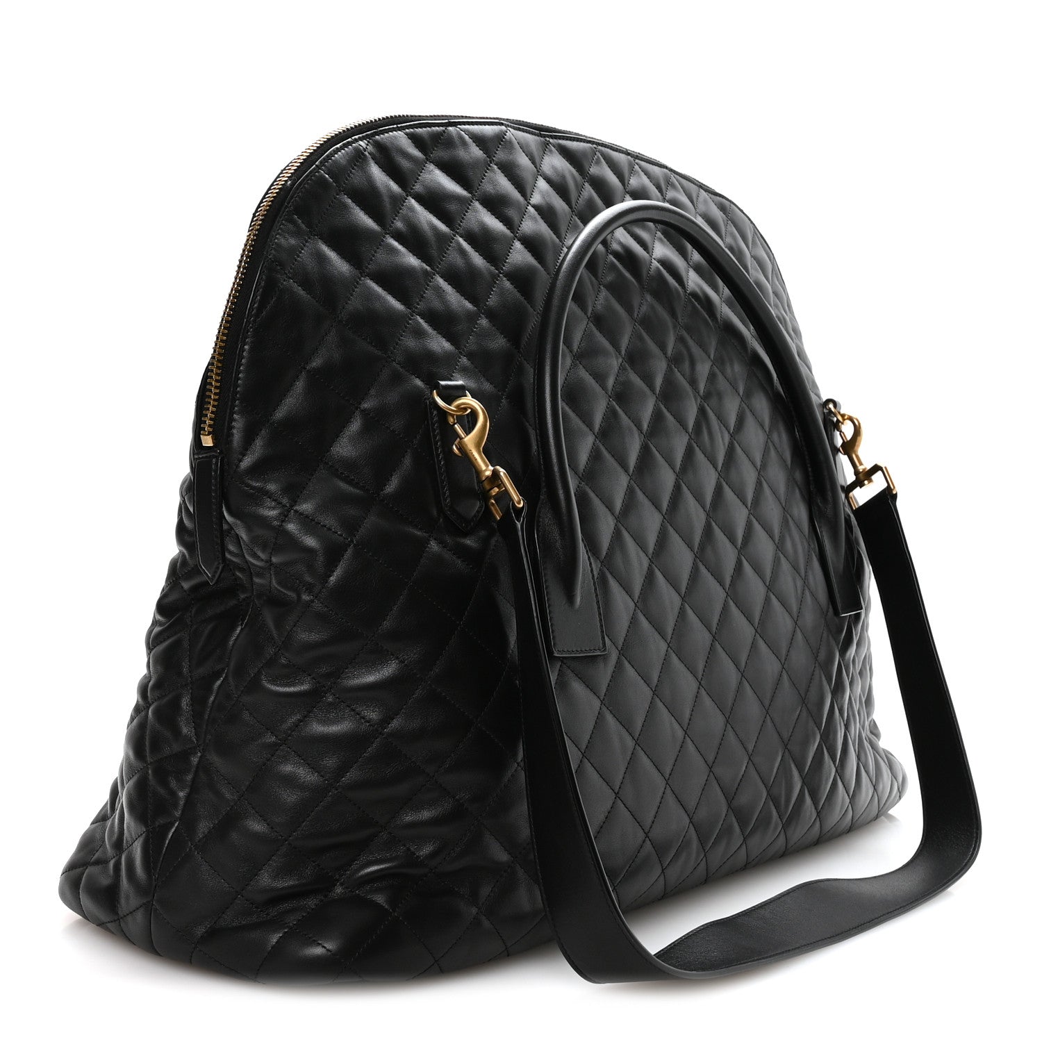 Black quilted leather travel bag with front zip pocket and adjustable shoulder strap