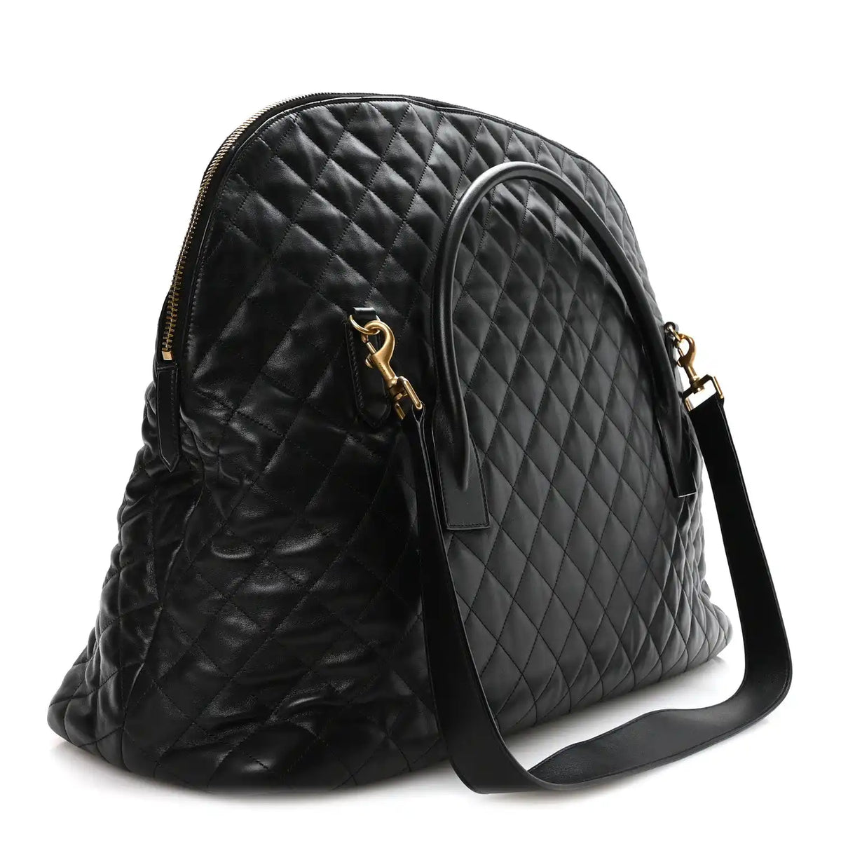 Black quilted leather travel bag with front zip pocket and adjustable shoulder strap