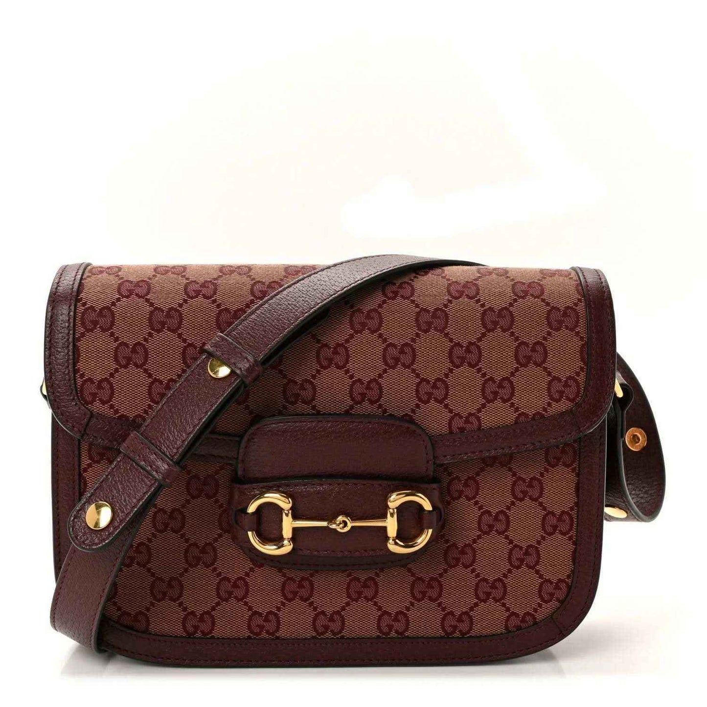 Gucci horsebit shoulder bag in burgundy monogram canvas with flap and leather strap