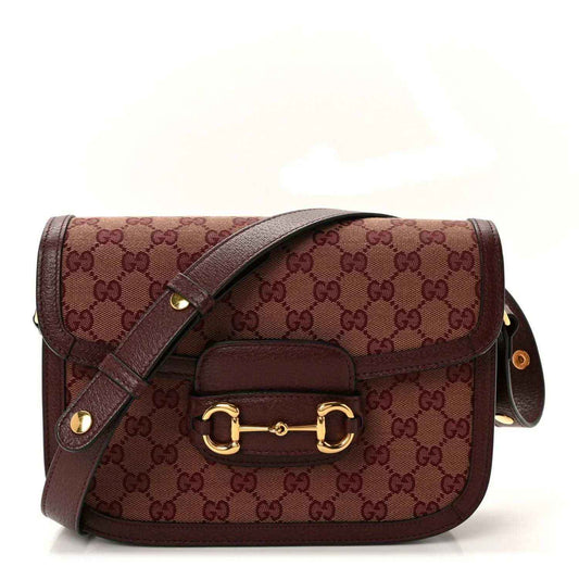 Gucci horsebit shoulder bag in burgundy monogram canvas with flap and leather strap