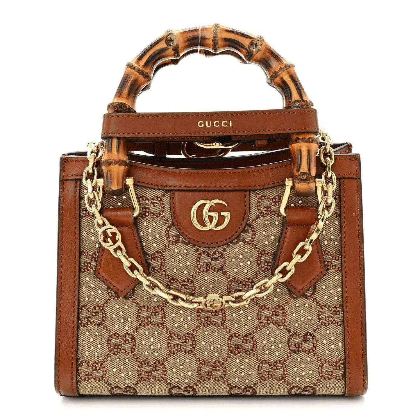 Gucci mini tote bag with GG monogram canvas, tan and brown leather, chain strap.