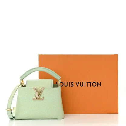 Mini Capucines leather bag with top handle and strap, mint green, LV plaque