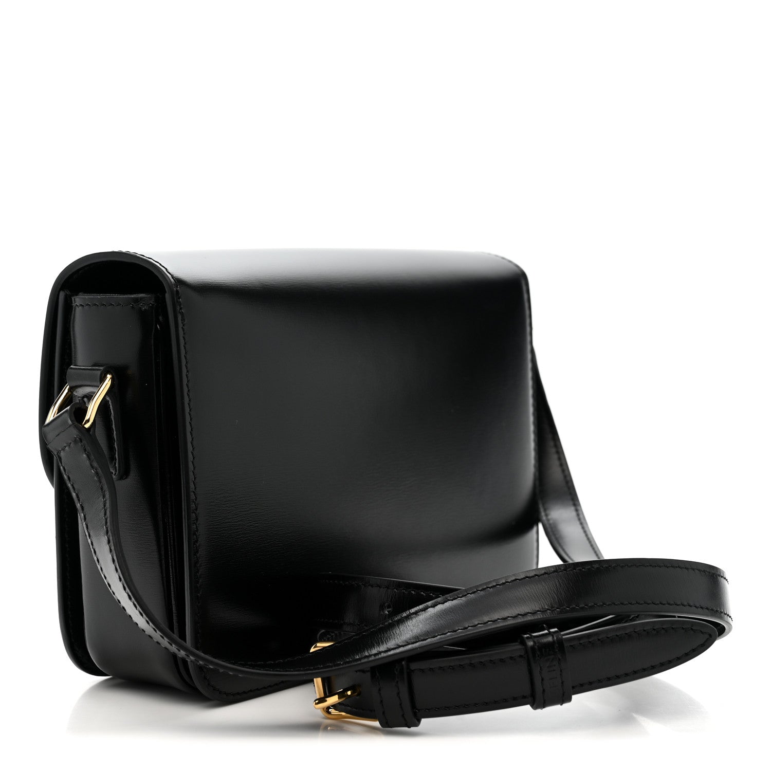 Black shiny leather crossbody bag with gold logo, flap front, and adjustable strap.