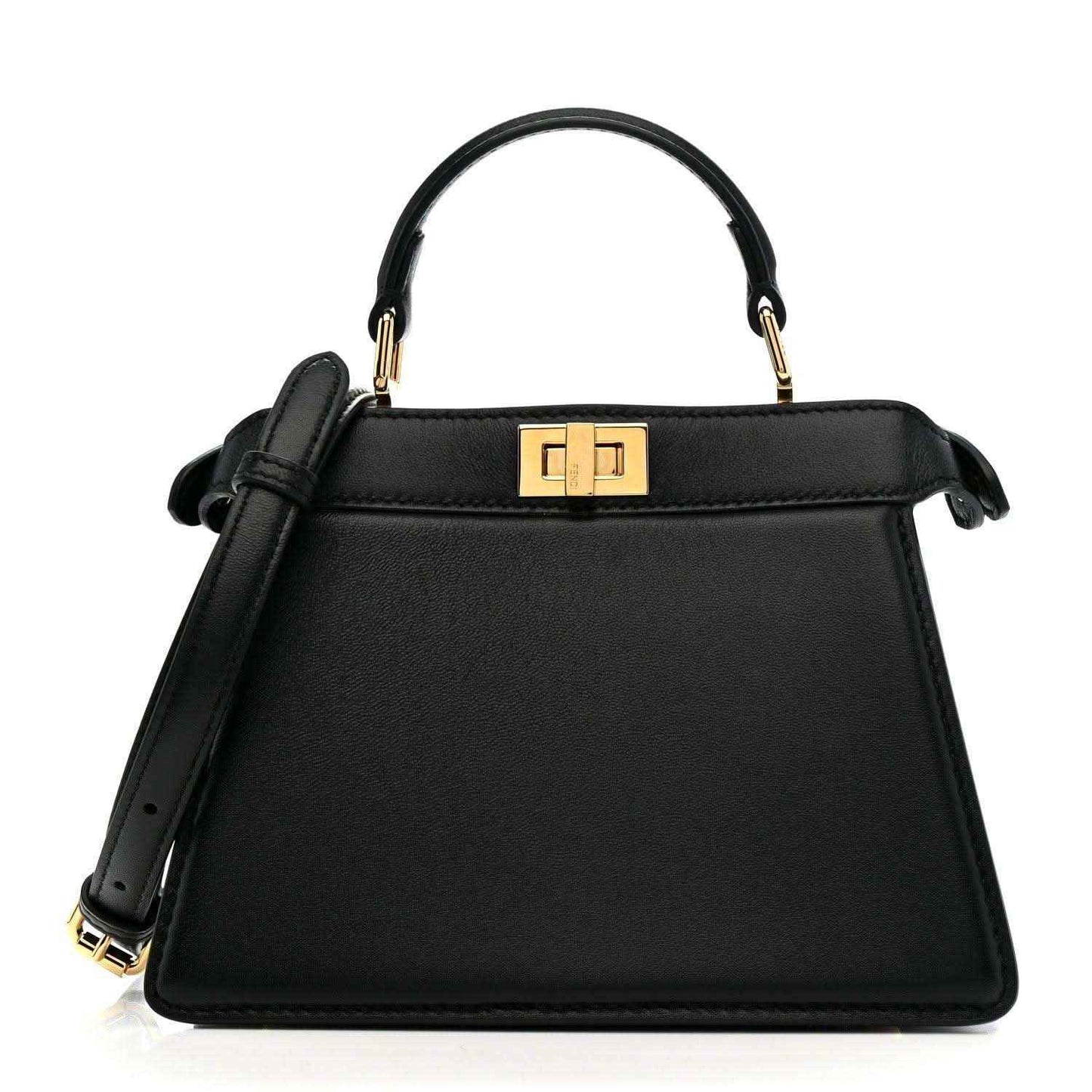 Black leather satchel with top handle and gold-toned clasp