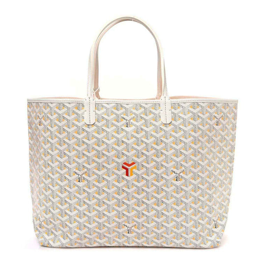White tote bag with yellow Goyardine pattern, leather handles, and red logo accent at front
