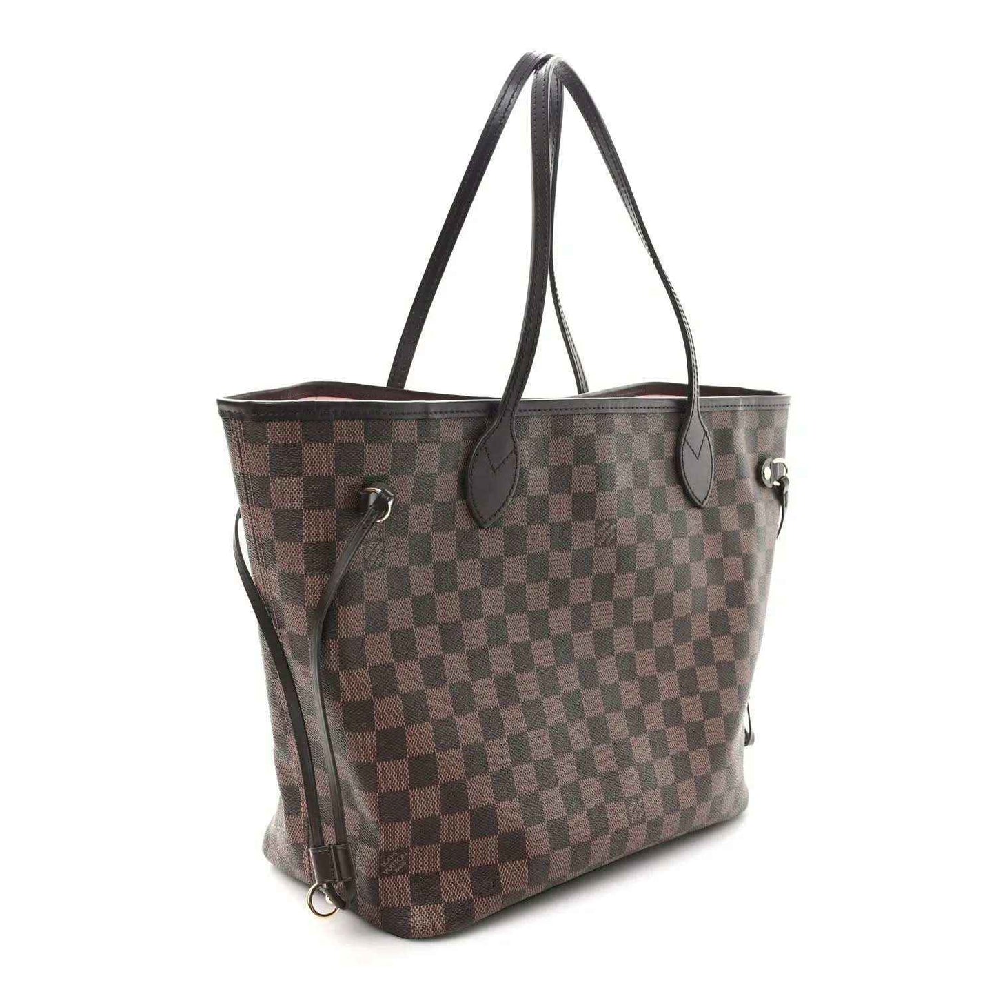 Damier Ebene tote with brown checkered pattern, curved handles, and side D-rings