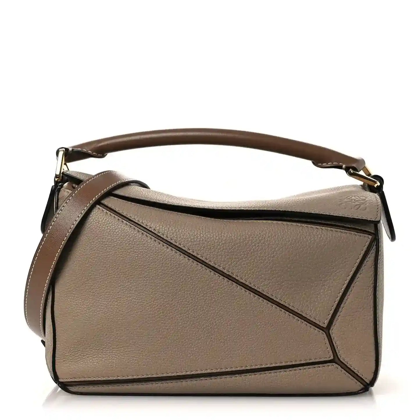 Small Puzzle bag with top handle and crossbody strap, sand and mink leather