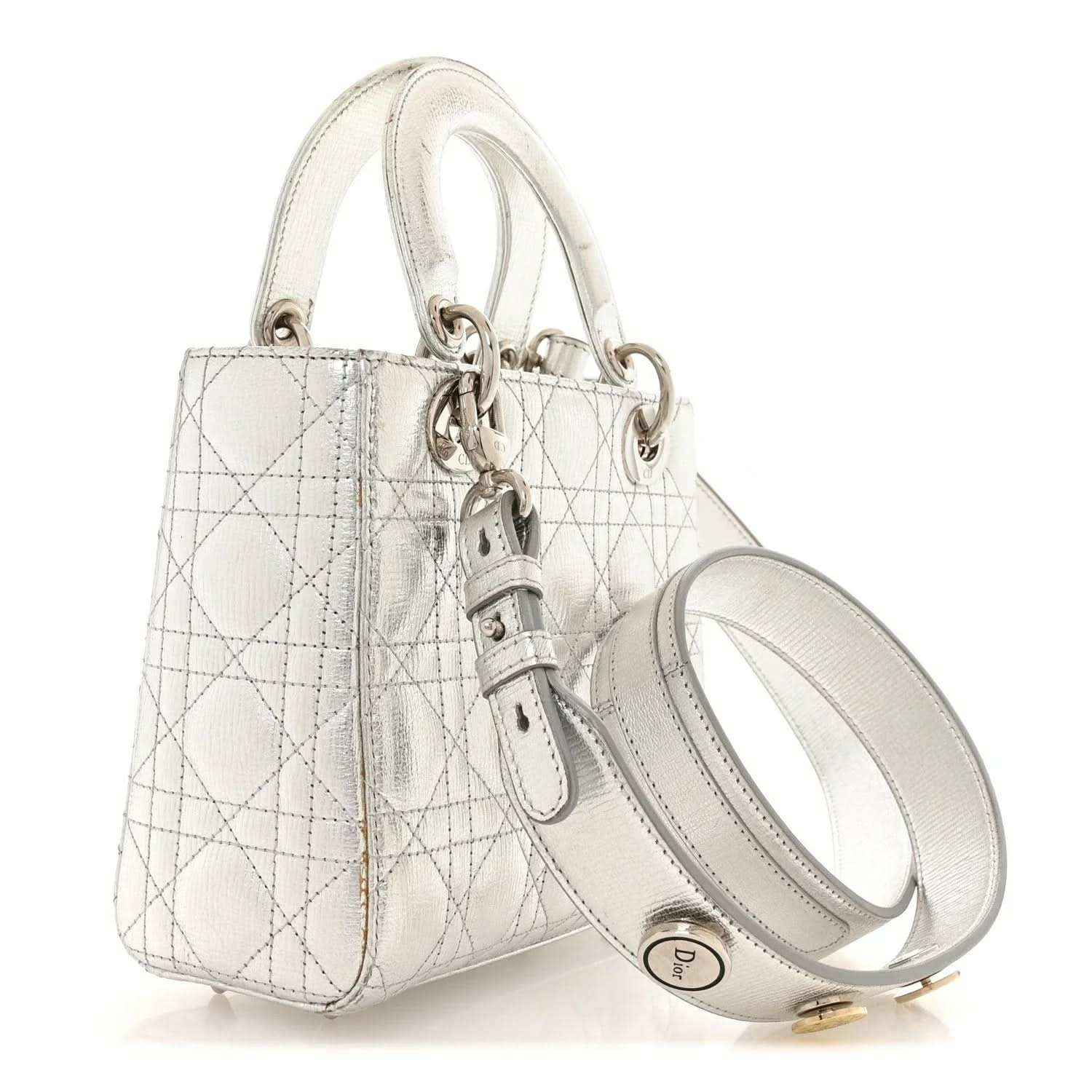 My Lady Dior handbag in metallic silver grained leather, top handles and detachable strap
