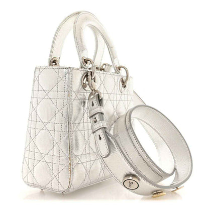 My Lady Dior handbag in metallic silver grained leather, top handles and detachable strap