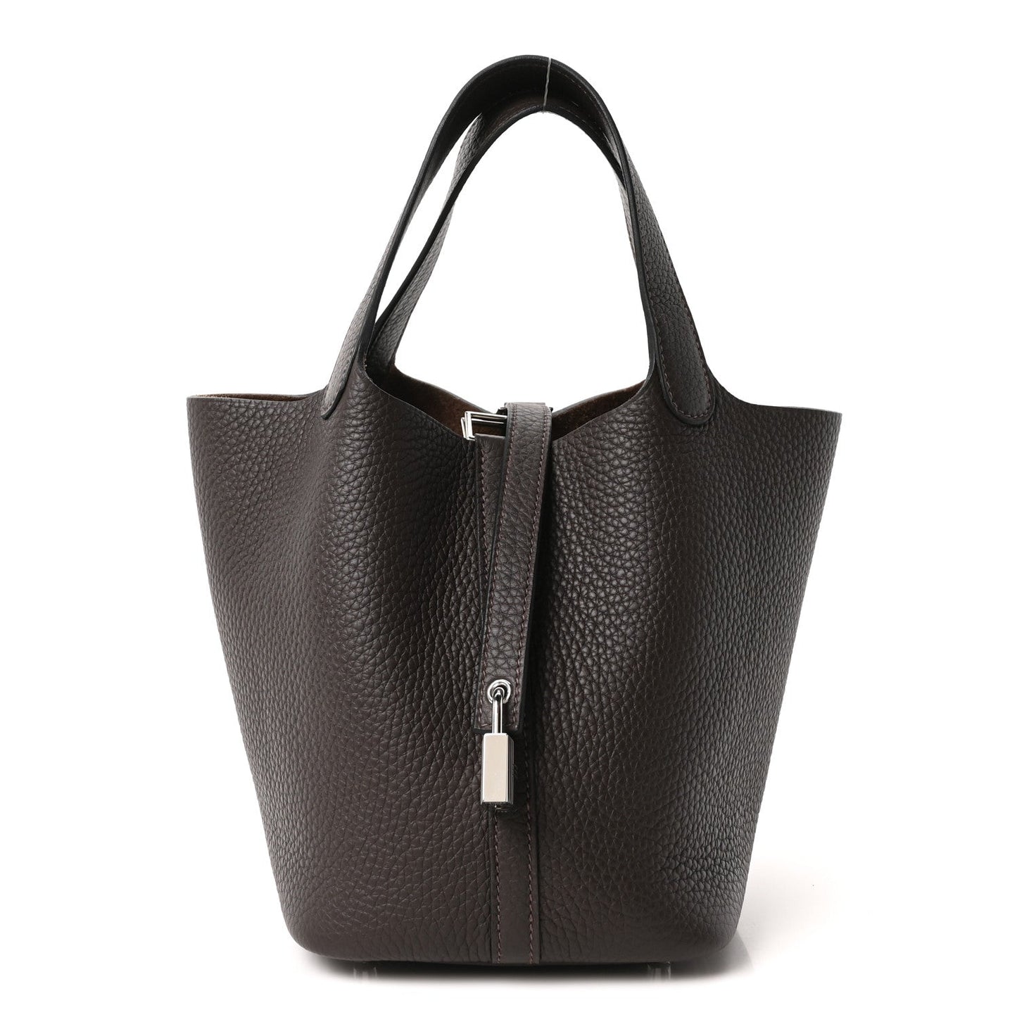 Dark brown leather tote bag with top handle and vertical lock strap hardware