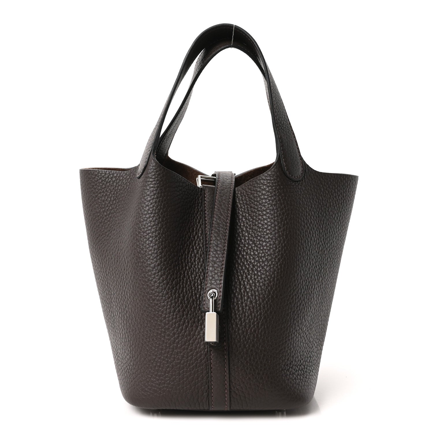 Dark brown leather tote bag with top handle and vertical lock strap hardware
