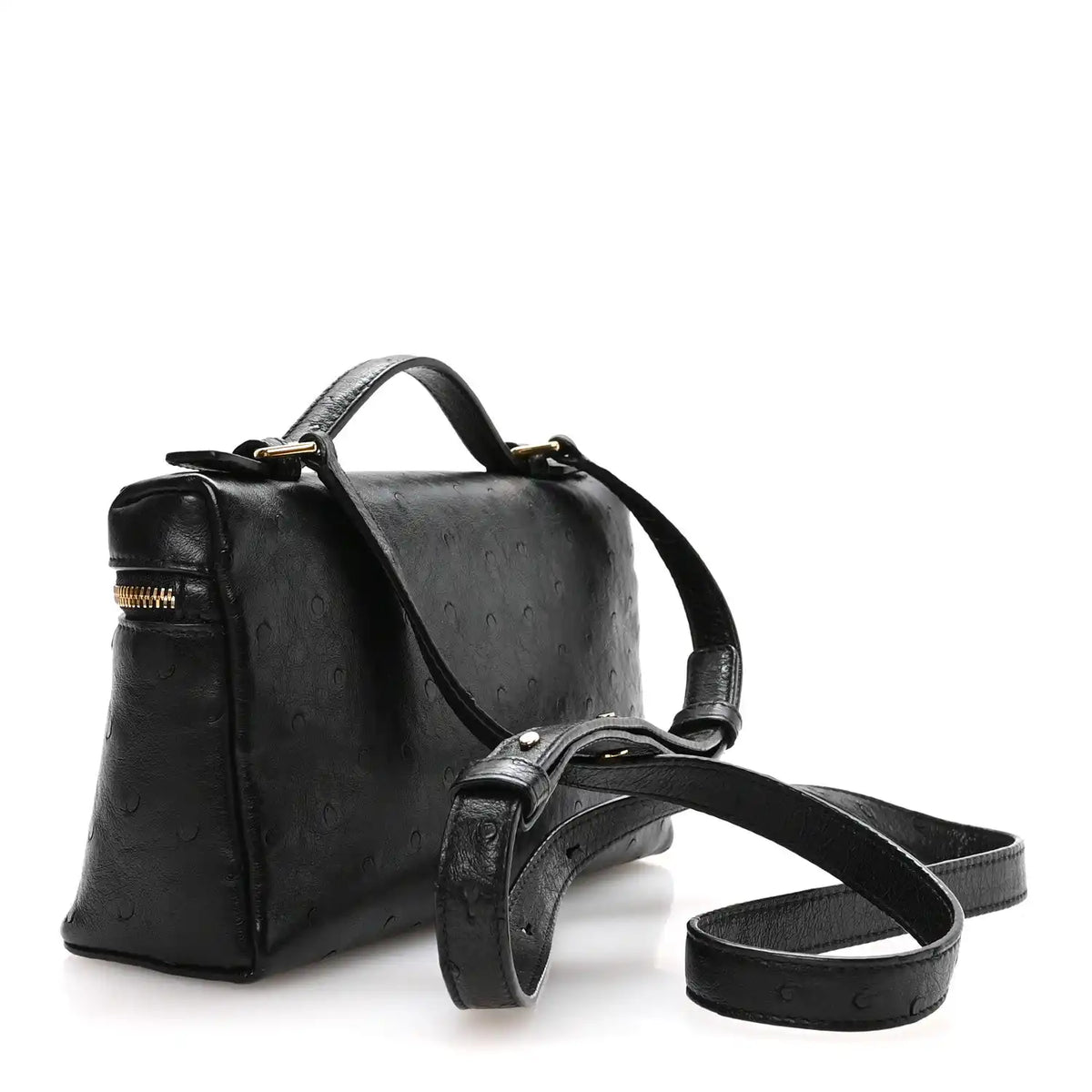Black ostrich pocket pouch with two straps and gold-tone zipper detail