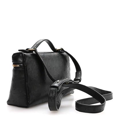Black ostrich pocket pouch with two straps and gold-tone zipper detail