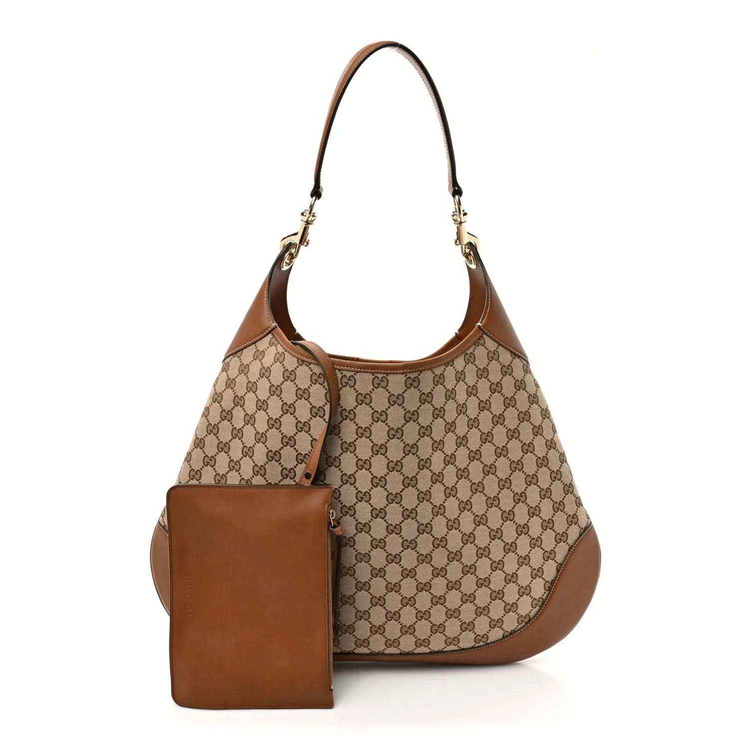 Brown GG monogram canvas hobo shoulder bag with front leather pocket and chain straps