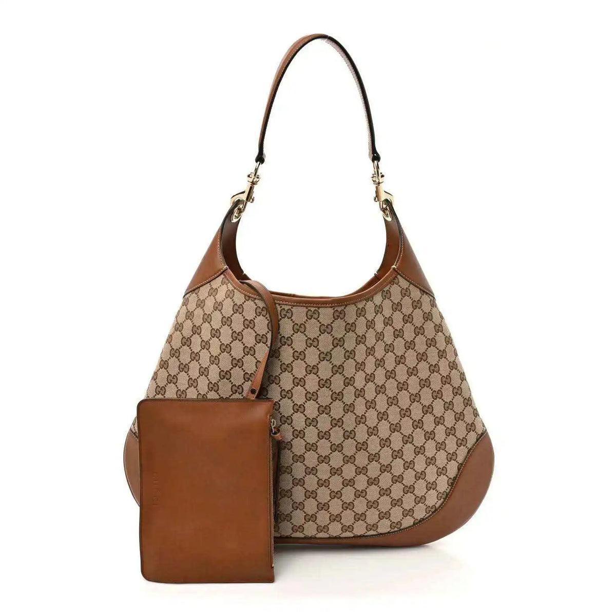 Brown GG monogram canvas hobo shoulder bag with front leather pocket and chain straps