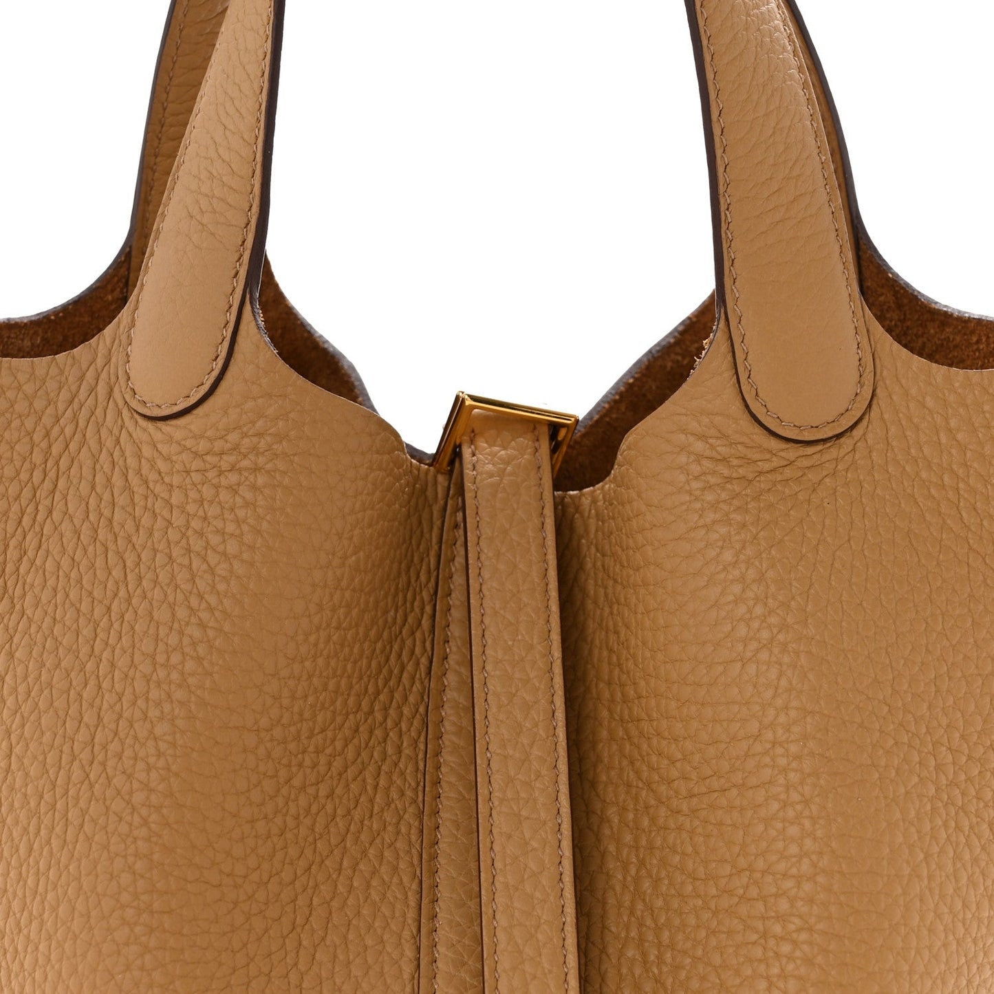 Hermes Picotin Lock bucket bag top with leather drawcord and gold lock hardware
