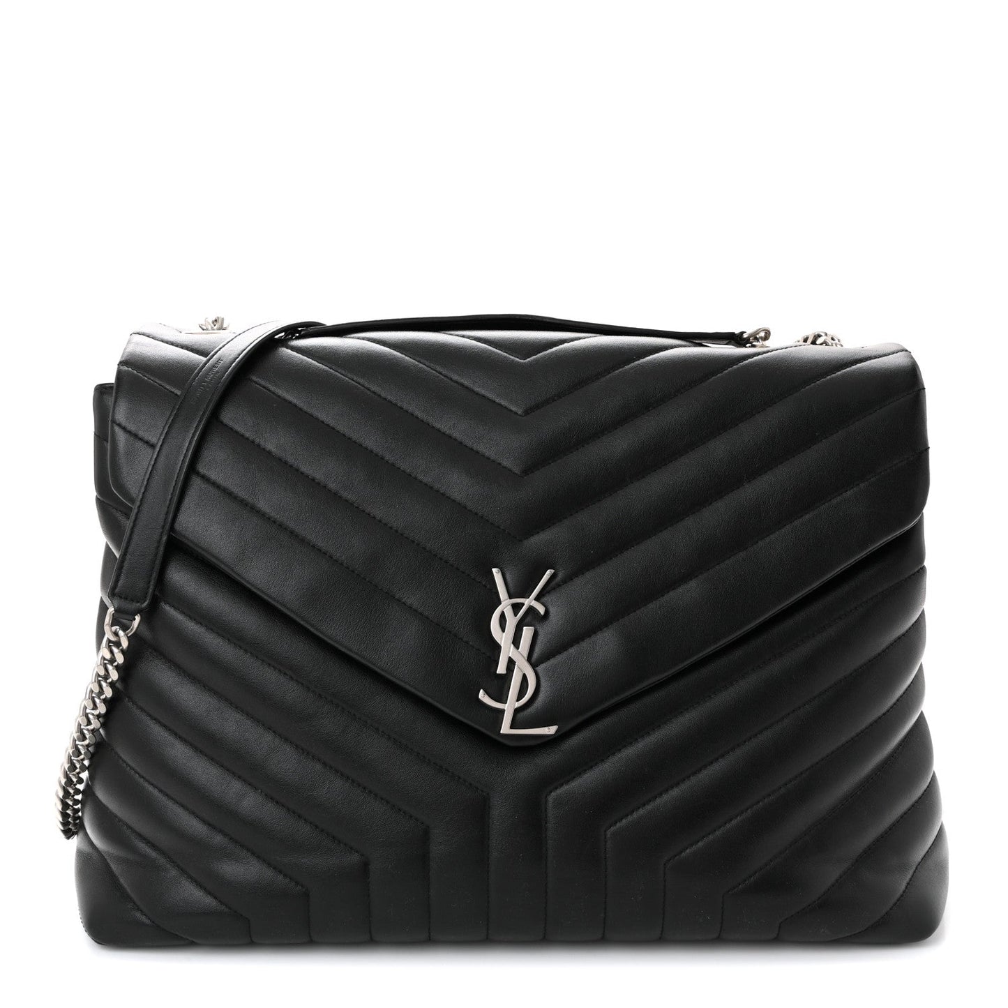 Black quilted leather chain satchel with YSL logo and chevron stitching