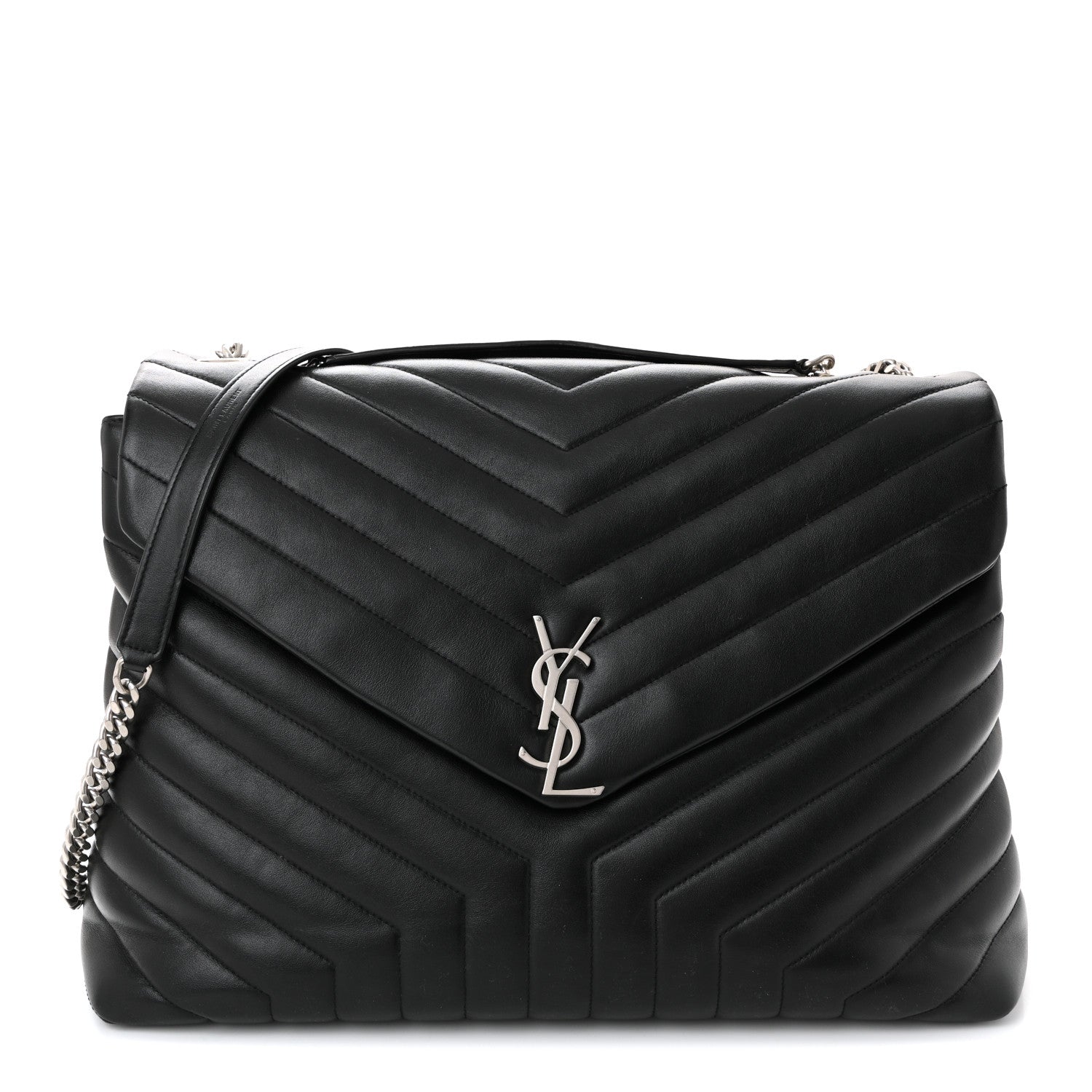 Black quilted leather chain satchel with YSL logo and chevron stitching