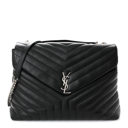 Black quilted leather chain satchel with YSL logo and chevron stitching