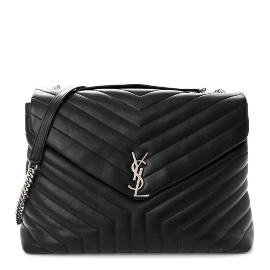 Black quilted leather chain satchel with YSL logo and chevron stitching