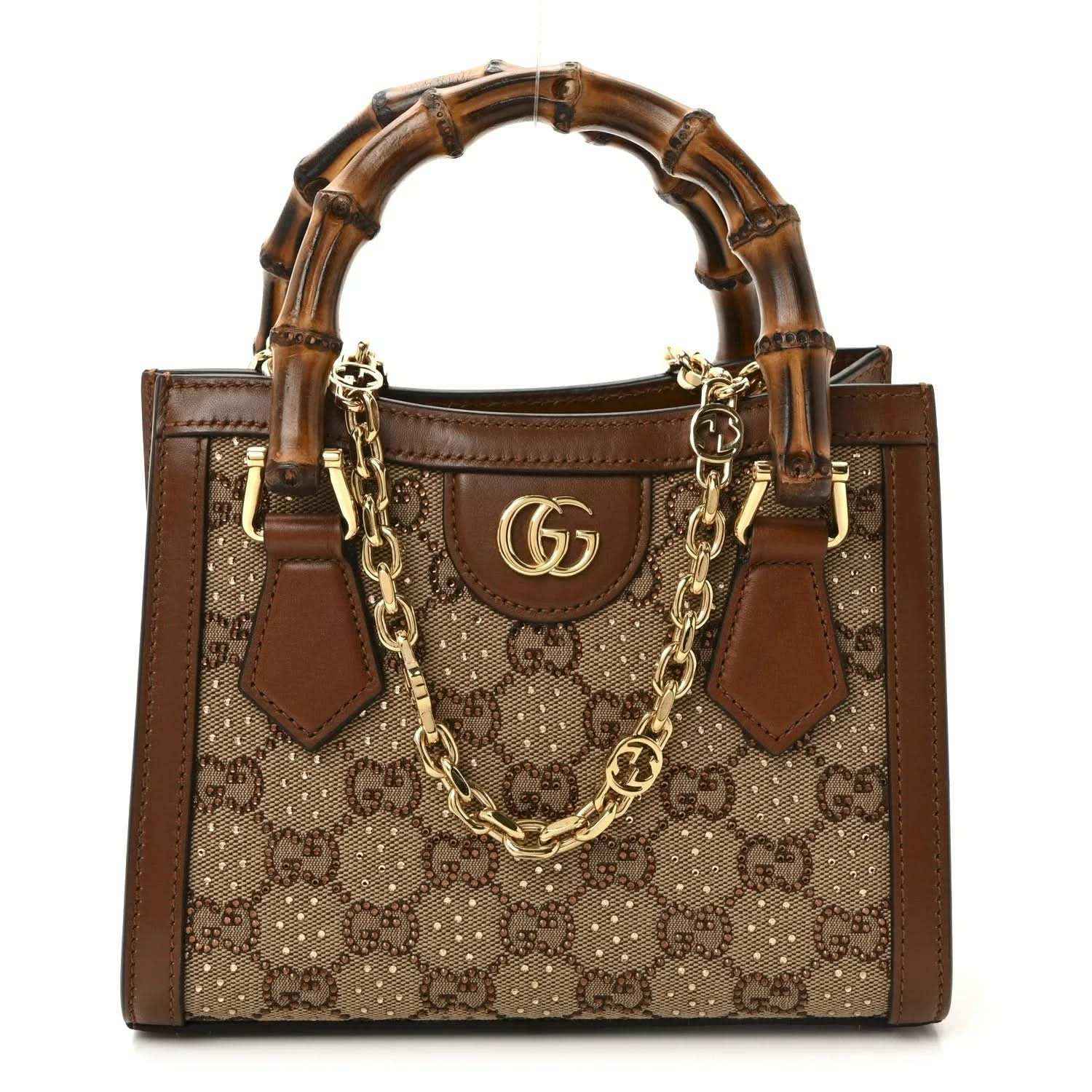 Gucci mini tote bag, tan GG monogram canvas with brown leather trim, bamboo handles