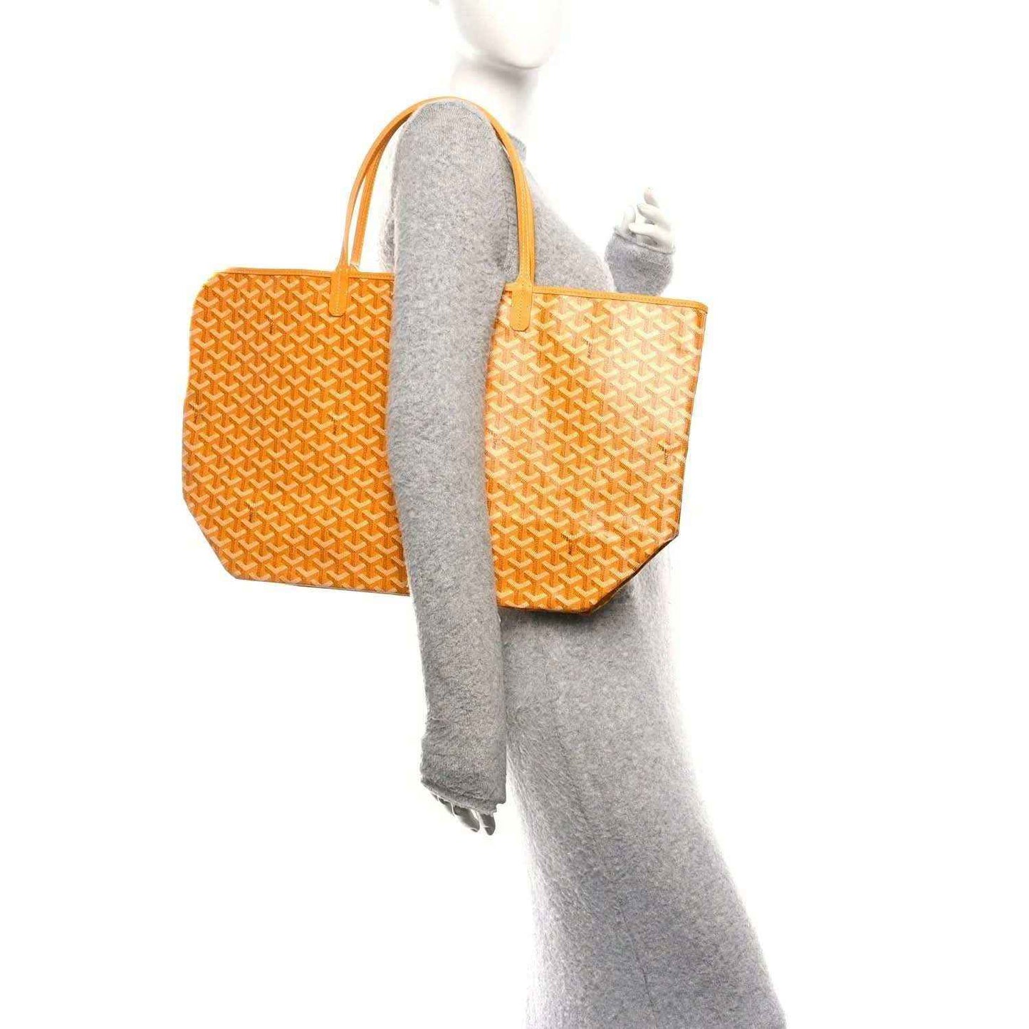 Yellow canvas tote bag with Goyardine pattern and orange top handles