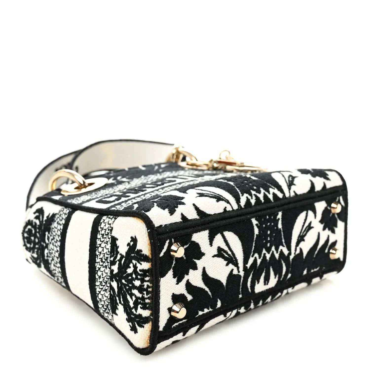 Mini embroidered canvas bag, black and white floral print with gold-tone top hardware