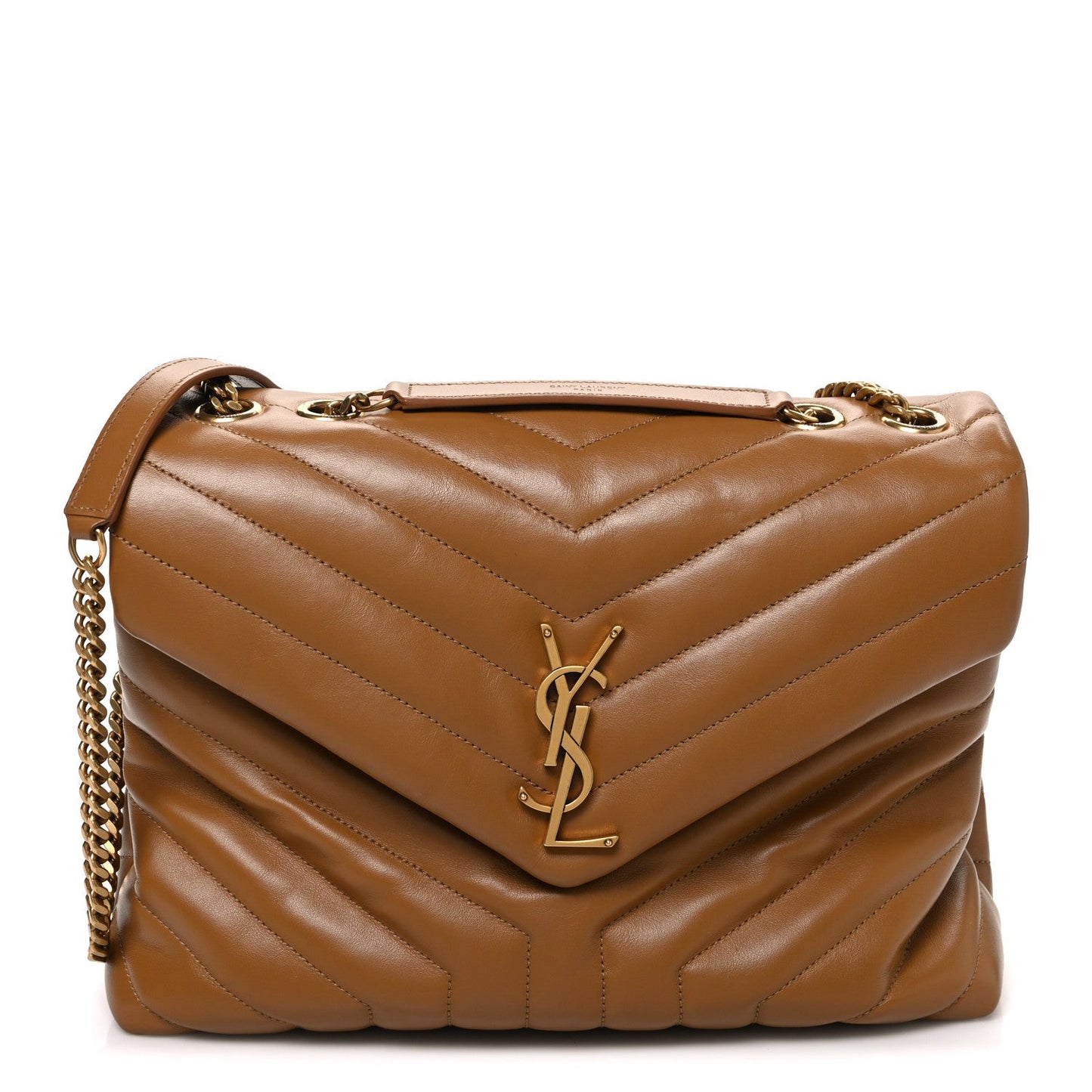 Quilted leather shoulder satchel with chevron stitching, YSL monogram, chain strap, flap top