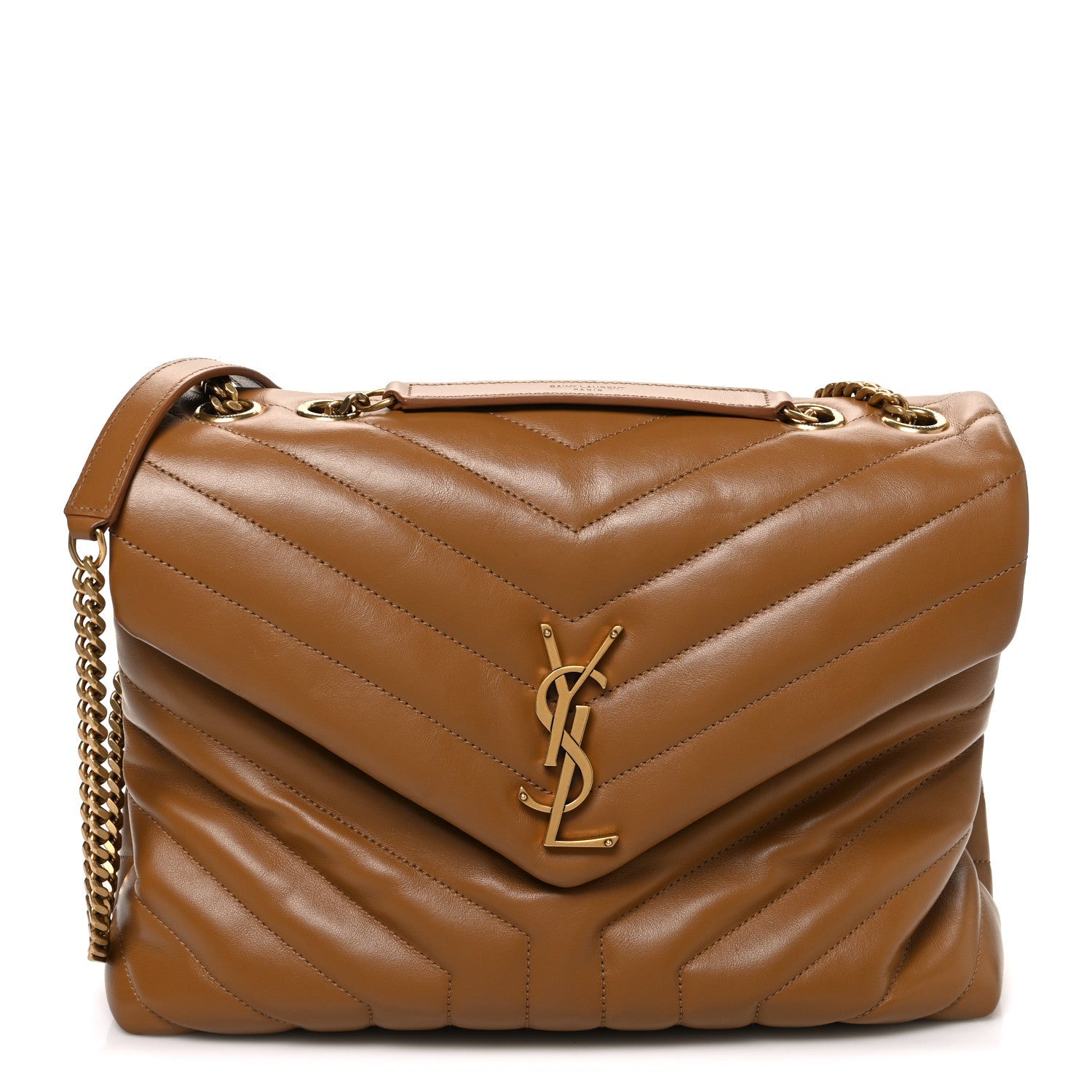 Quilted leather shoulder satchel with chevron stitching, YSL monogram, chain strap, flap top