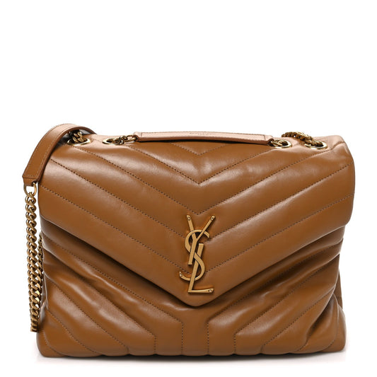 Quilted leather shoulder satchel with chevron stitching, YSL monogram, chain strap, flap top