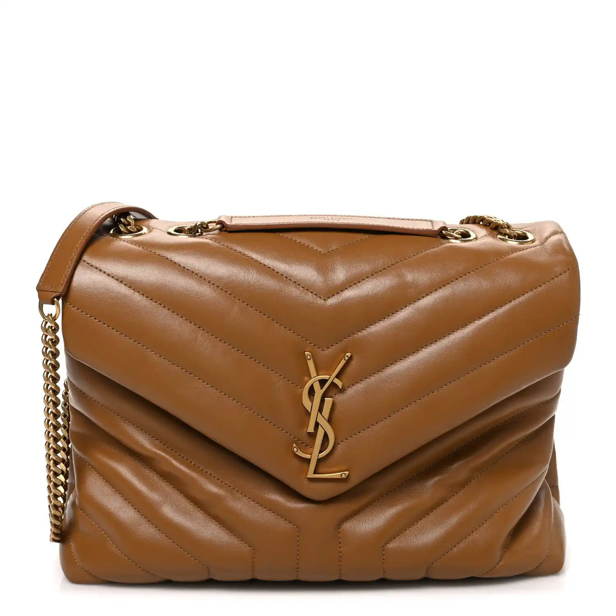 Quilted leather shoulder satchel with chevron stitching, YSL monogram, chain strap, flap top