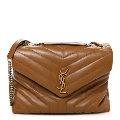 Quilted leather shoulder satchel with chevron stitching, YSL monogram, chain strap, flap top