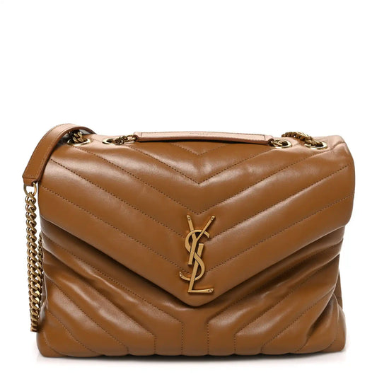 Quilted leather shoulder satchel with chevron stitching, YSL monogram, chain strap, flap top