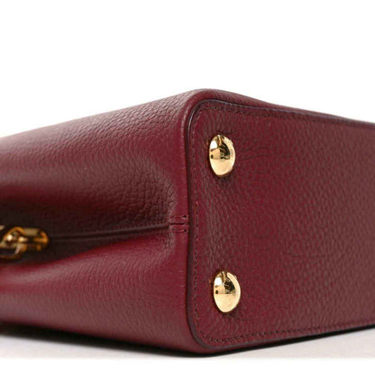 Bordeaux leather handbag corner with textured grain and two gold snap studs.