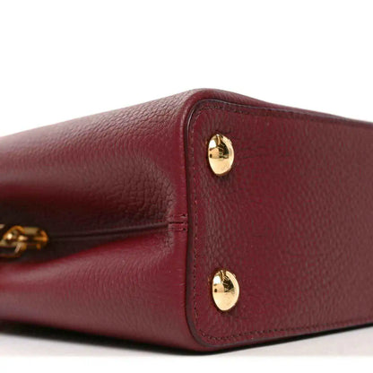 Bordeaux leather handbag corner with textured grain and two gold snap studs.
