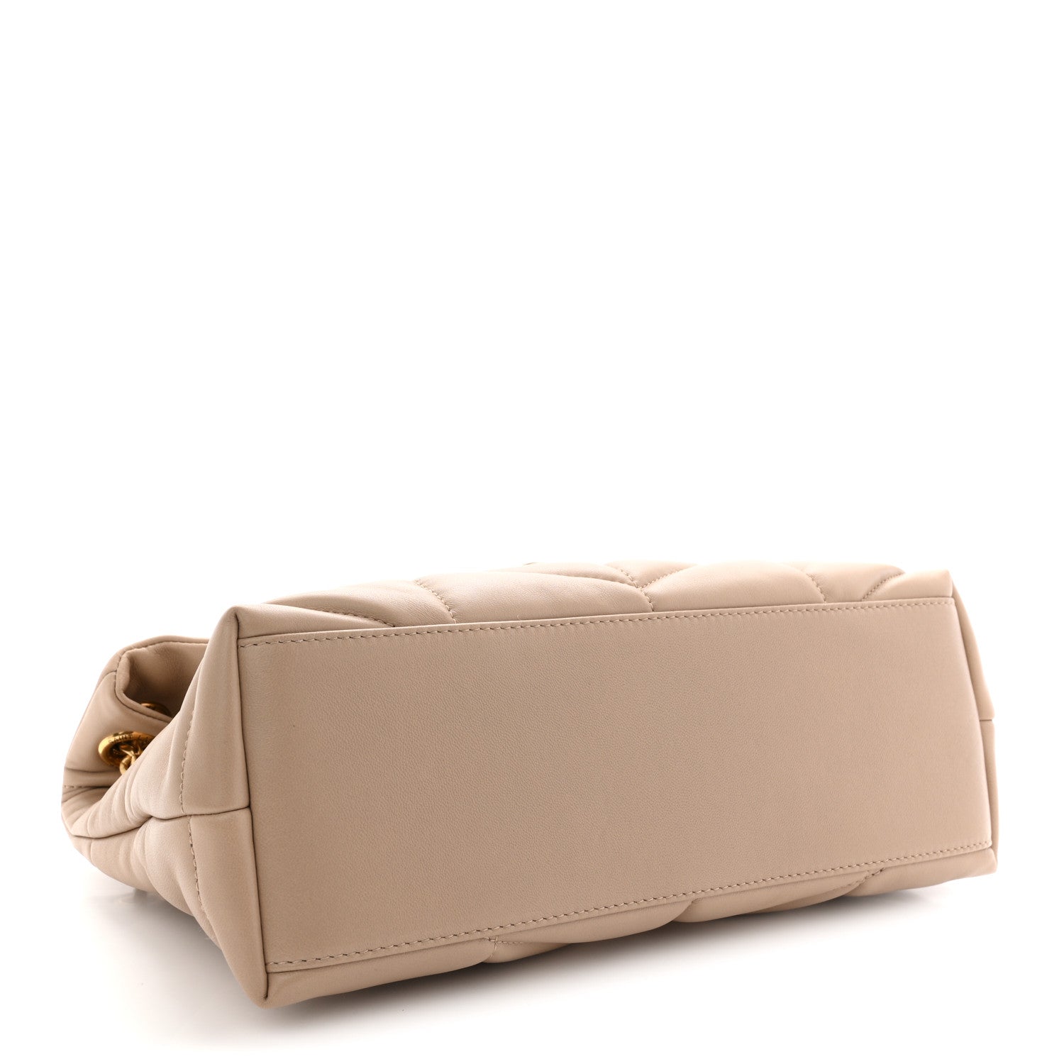 Saint Laurent quilted Loulou puffer satchel back view, dark beige with top handle