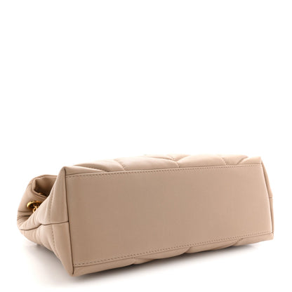 Saint Laurent quilted Loulou puffer satchel back view, dark beige with top handle