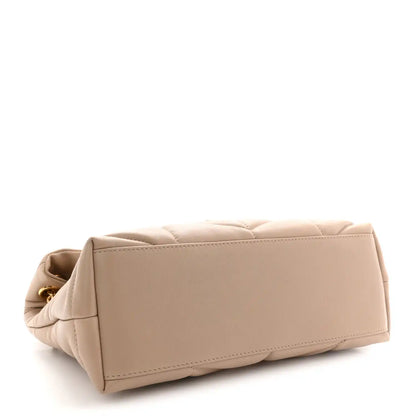 Saint Laurent quilted Loulou puffer satchel back view, dark beige with top handle
