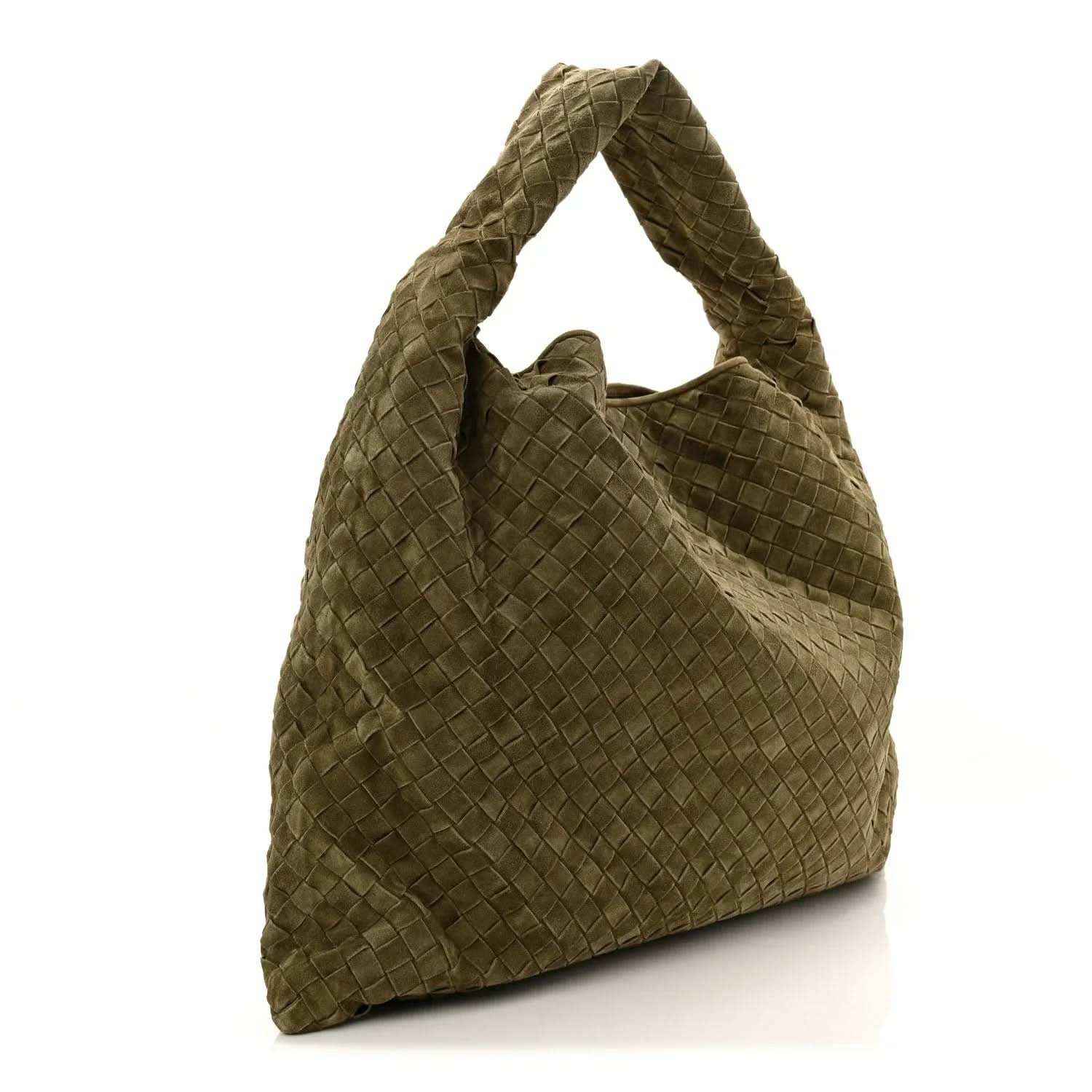 Suede intrecciato large hobo bag in mud green with woven diamond pattern