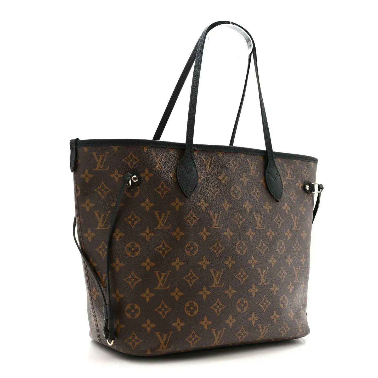 Monogram Louis Vuitton tote with top handles and side buckles, dark brown trim
