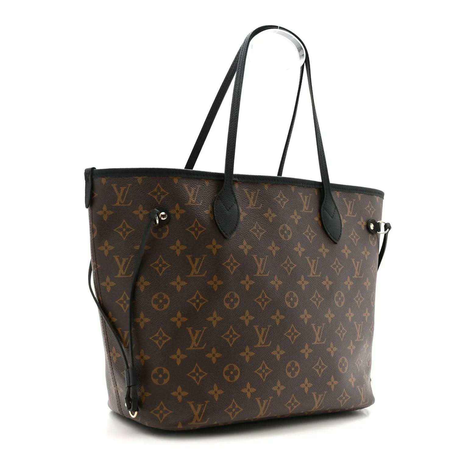 Monogram Louis Vuitton tote with top handles and side buckles, dark brown trim
