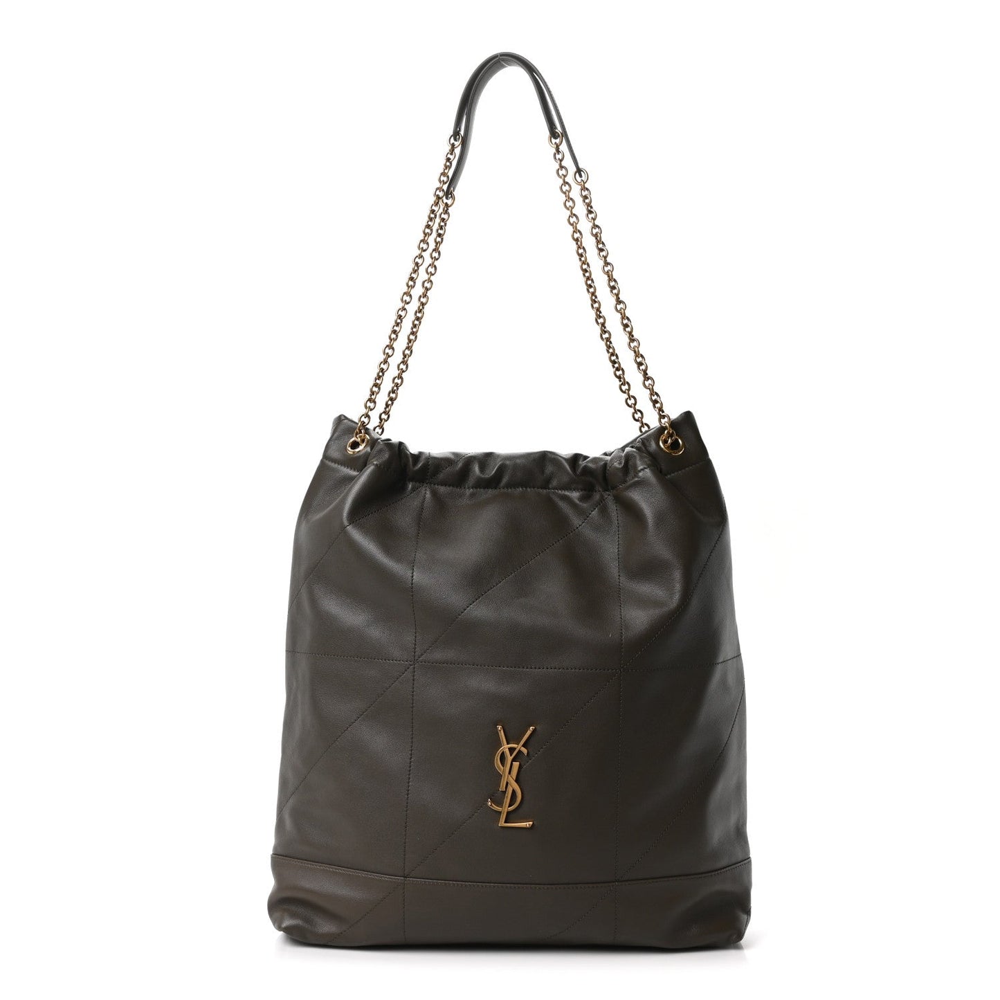 Quilted leather shoulder bag with chain handles and YSL logo, front view